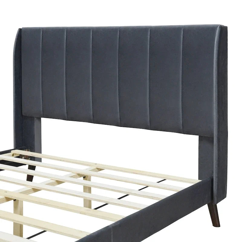 Cama de plataforma tapizada en terciopelo beige/gris/rosa, tamaño matrimonial, para 2 personas