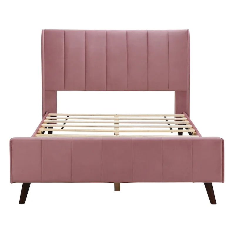 Cama de plataforma tapizada en terciopelo beige/gris/rosa, tamaño matrimonial, para 2 personas