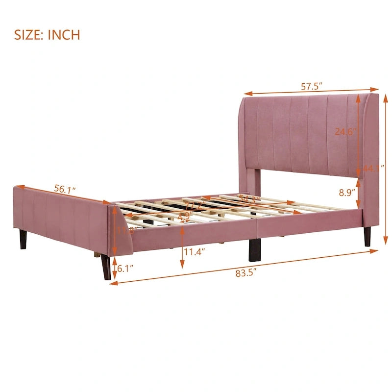 Cama de plataforma tapizada en terciopelo beige/gris/rosa, tamaño matrimonial, para 2 personas