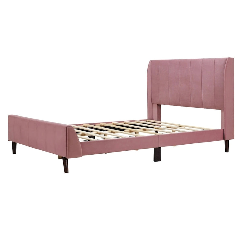 Cama de plataforma tapizada en terciopelo beige/gris/rosa, tamaño matrimonial, para 2 personas