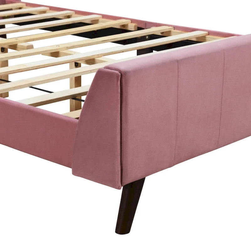 Cama de plataforma tapizada en terciopelo beige/gris/rosa, tamaño matrimonial, para 2 personas