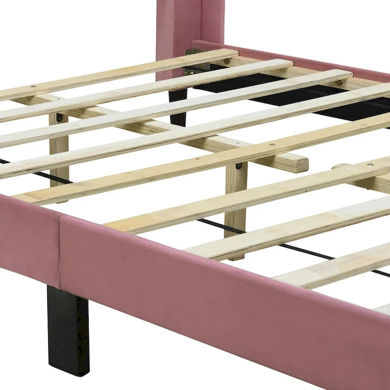 Cama de plataforma tapizada en terciopelo beige/gris/rosa, tamaño matrimonial, para 2 personas