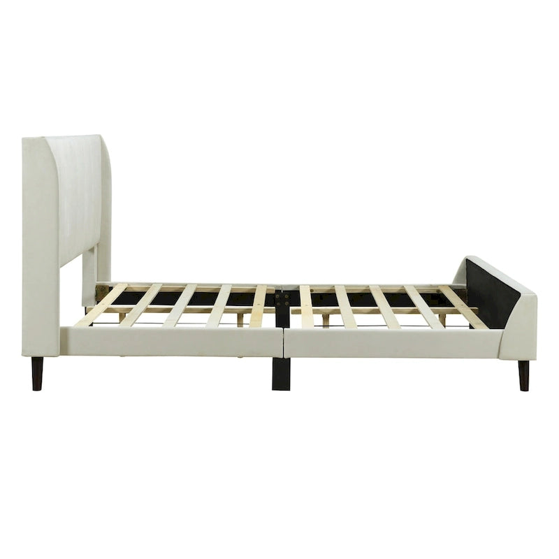 Cama de plataforma tapizada en terciopelo beige/gris/rosa, tamaño matrimonial, para 2 personas