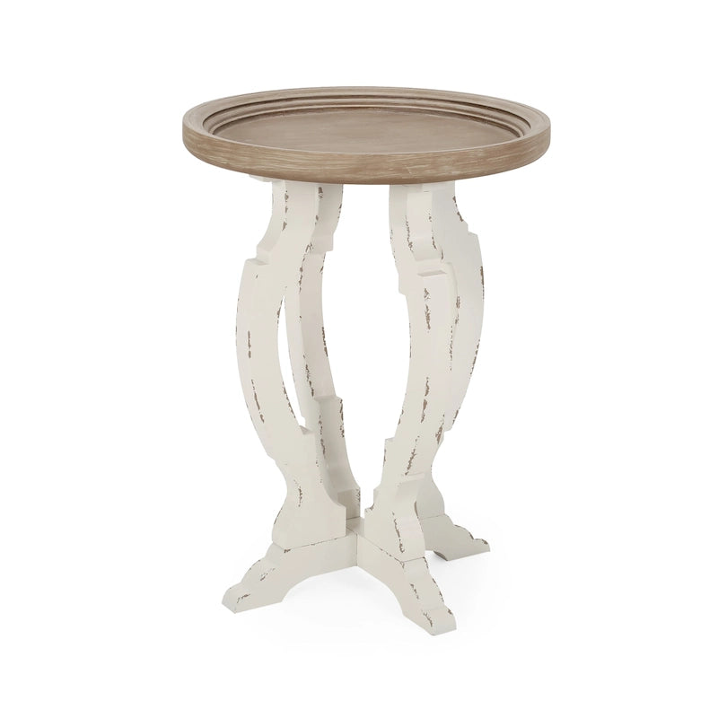 Mesa auxiliar redonda estilo campestre francés en natural/natural + blanco envejecido