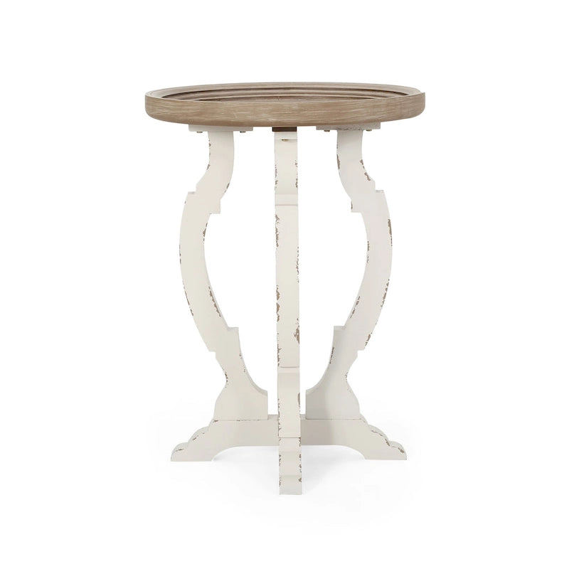 Mesa auxiliar redonda estilo campestre francés en natural/natural + blanco envejecido