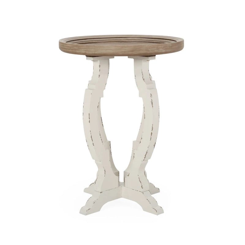 Mesa auxiliar redonda estilo campestre francés en natural/natural + blanco envejecido