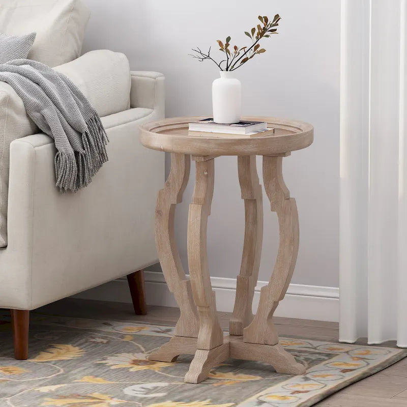 Mesa auxiliar redonda estilo campestre francés en natural/natural + blanco envejecido
