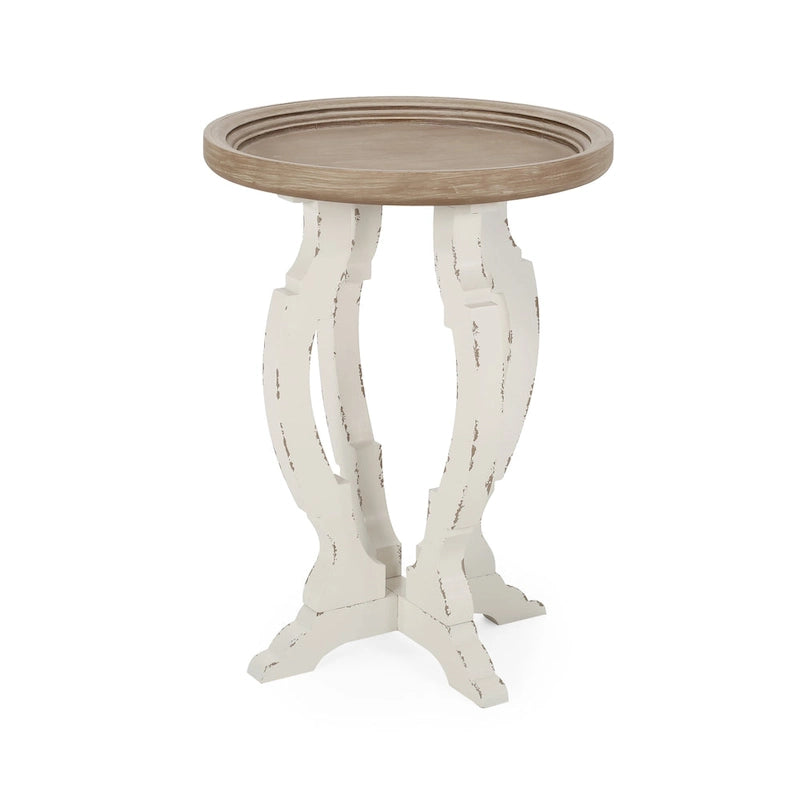 Mesa auxiliar redonda estilo campestre francés en natural/natural + blanco envejecido