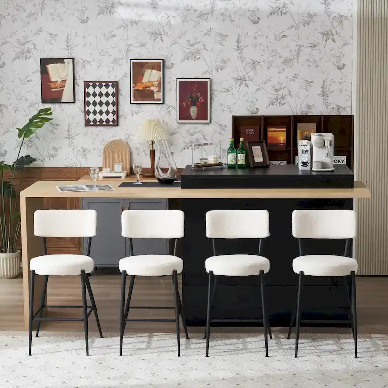 Taburete de bar de tela de osito negro/beige con base de metal - Juego de 2 o 4
