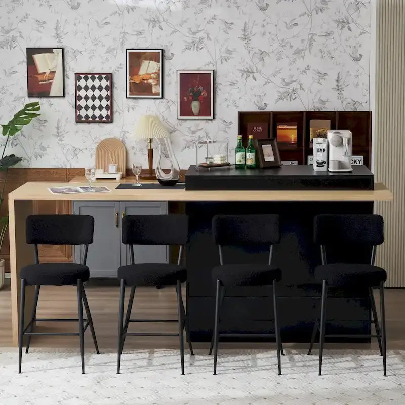 Taburete de bar de tela de osito negro/beige con base de metal - Juego de 2 o 4