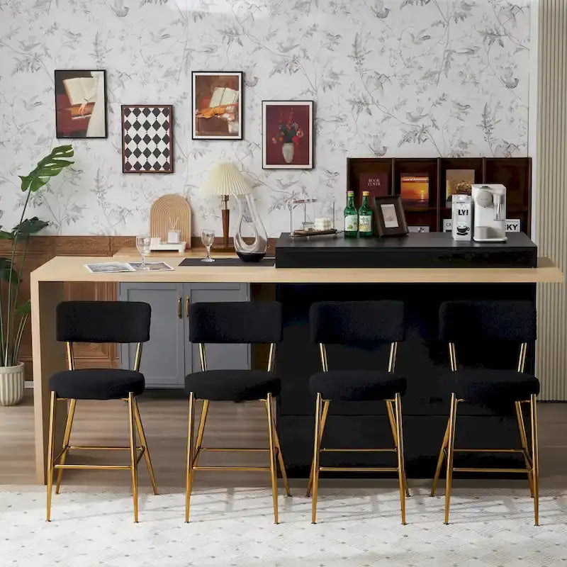 Taburete de bar de tela de osito negro/beige con base de metal - Juego de 2 o 4