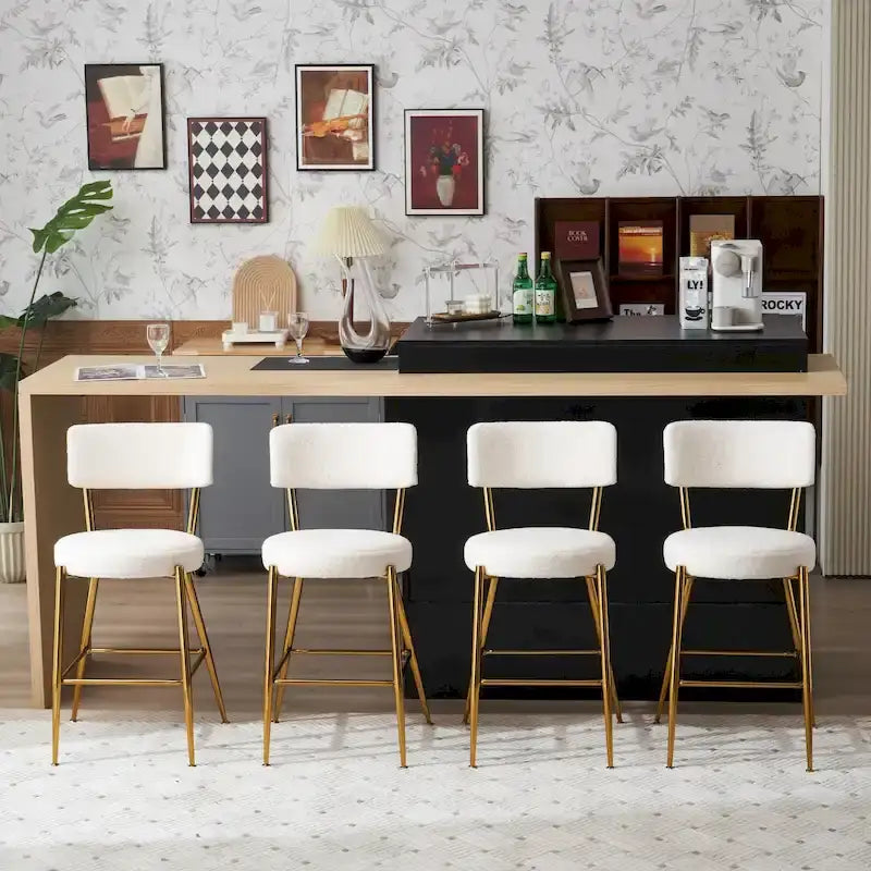 Taburete de bar de tela de osito negro/beige con base de metal - Juego de 2 o 4