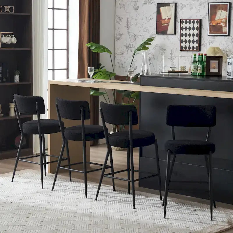 Taburete de bar de tela de osito negro/beige con base de metal - Juego de 2 o 4