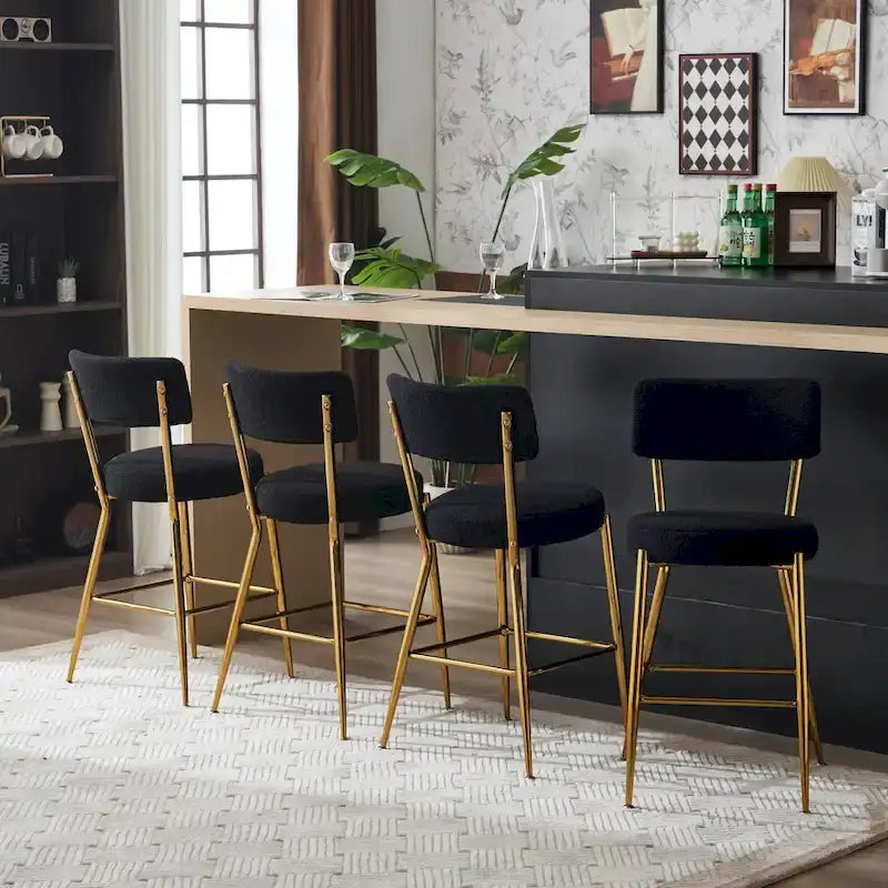 Taburete de bar de tela de osito negro/beige con base de metal - Juego de 2 o 4