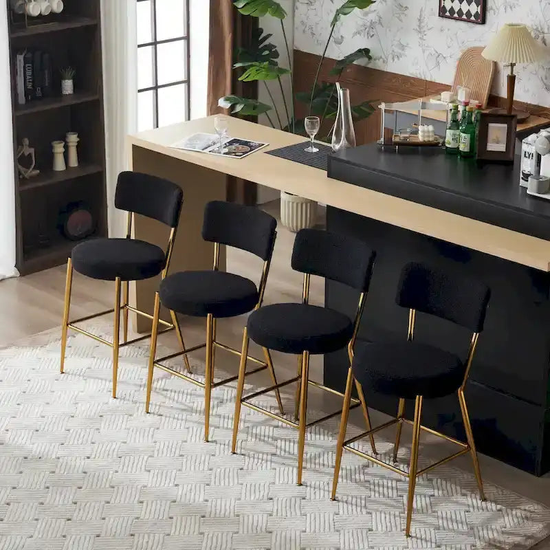 Taburete de bar de tela de osito negro/beige con base de metal - Juego de 2 o 4