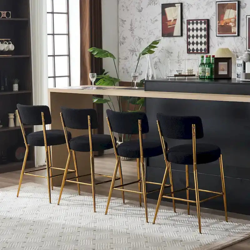 Taburete de bar de tela de osito negro/beige con base de metal - Juego de 2 o 4