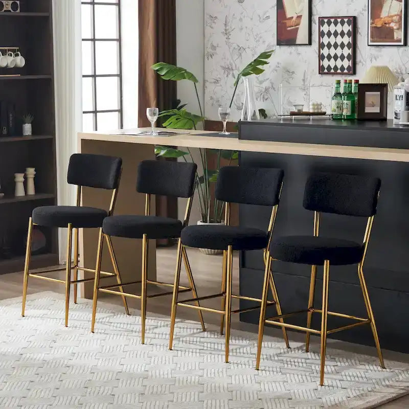 Taburete de bar de tela de osito negro/beige con base de metal - Juego de 2 o 4