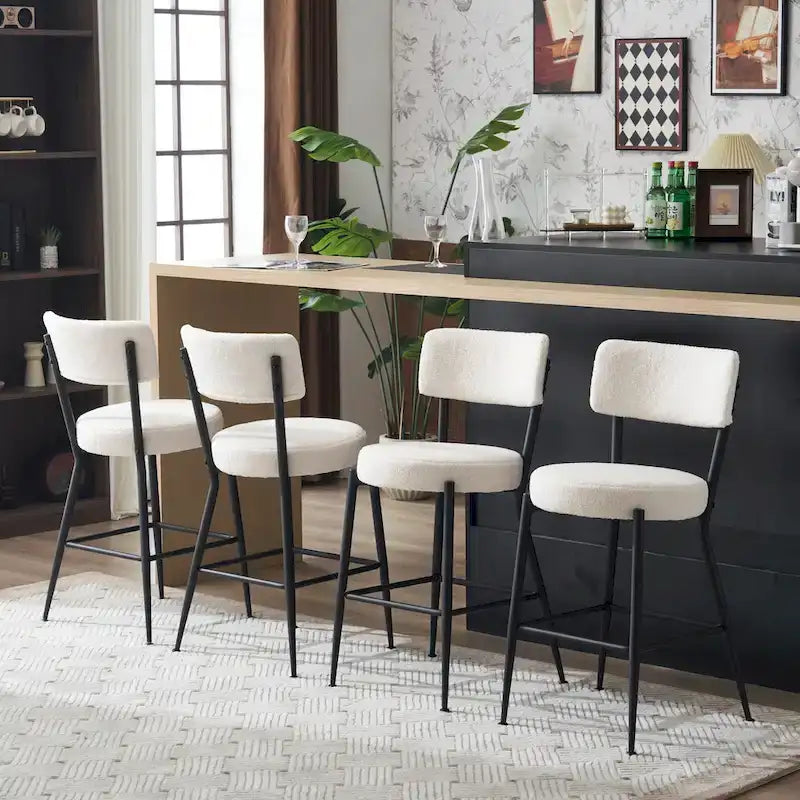 Taburete de bar de tela de osito negro/beige con base de metal - Juego de 2 o 4