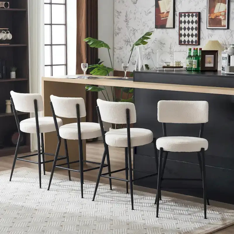 Taburete de bar de tela de osito negro/beige con base de metal - Juego de 2 o 4