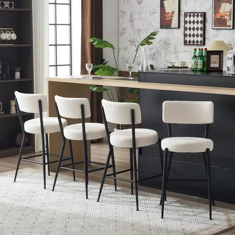 Taburete de bar de tela de osito negro/beige con base de metal - Juego de 2 o 4