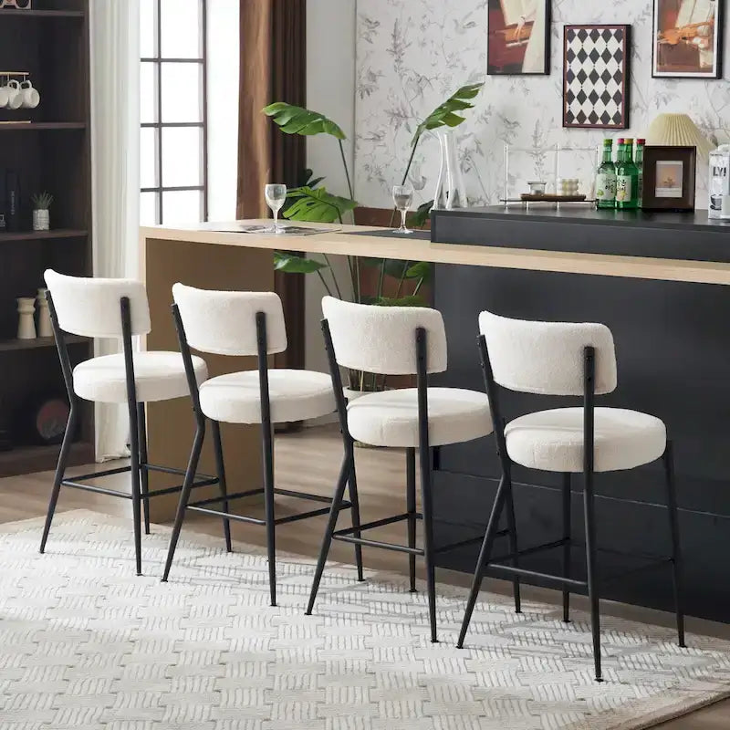 Taburete de bar de tela de osito negro/beige con base de metal - Juego de 2 o 4