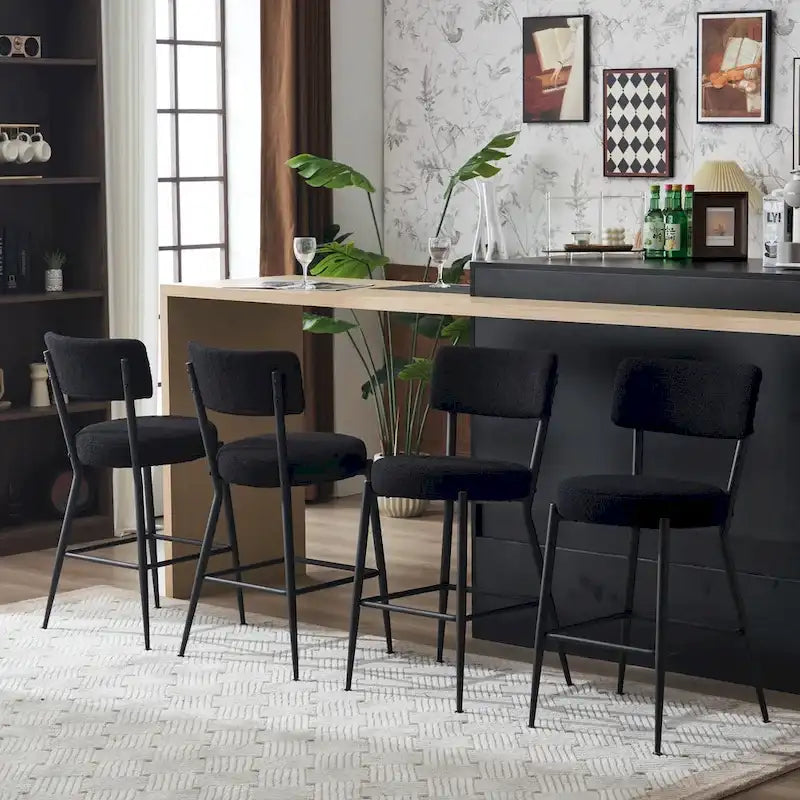 Taburete de bar de tela de osito negro/beige con base de metal - Juego de 2 o 4