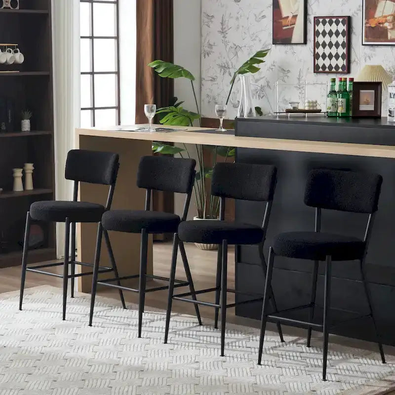 Taburete de bar de tela de osito negro/beige con base de metal - Juego de 2 o 4