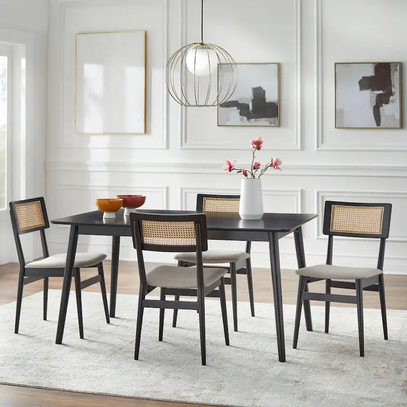 Sillas de Comedor Negras y Ratán Natural, Estilo Mid-Century, Juego de 2