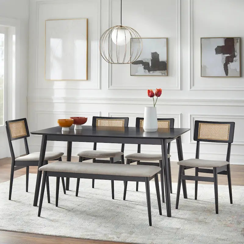 Sillas de Comedor Negras y Ratán Natural, Estilo Mid-Century, Juego de 2