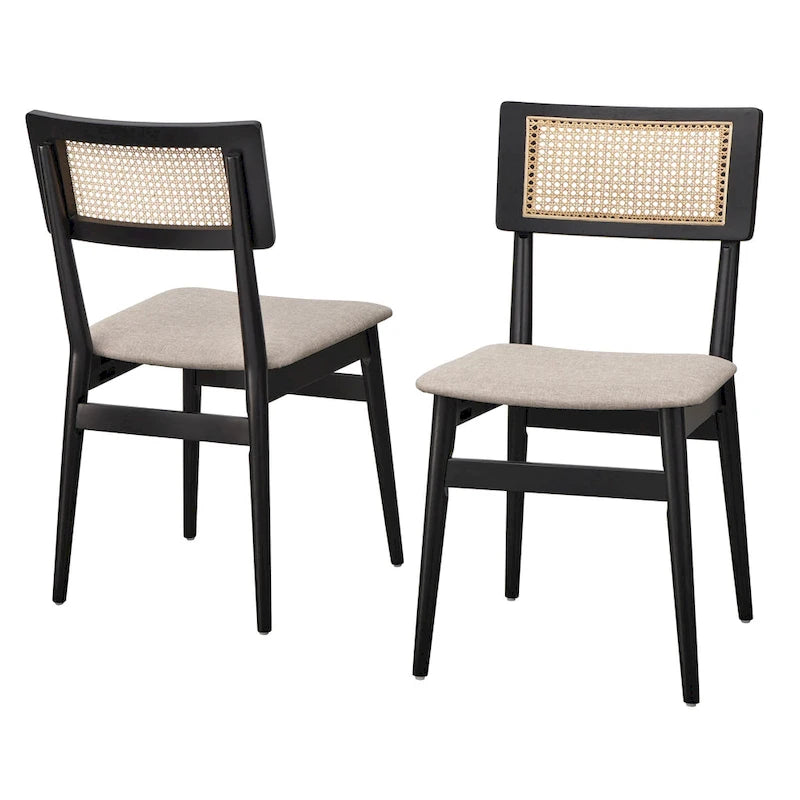 Sillas de Comedor Negras y Ratán Natural, Estilo Mid-Century, Juego de 2