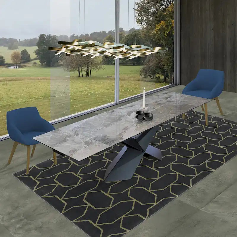 Mesa de comedor extensible de mármol gris, capacidad para 6-10 personas, base de acero negro