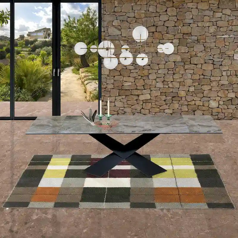 Mesa de comedor extensible de mármol gris, capacidad para 6-10 personas, base de acero negro