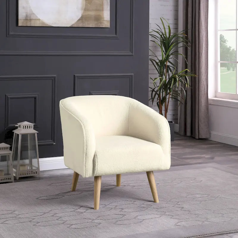 Sillón Individual Acentual de Borreguito Color Crema con Patas de Madera