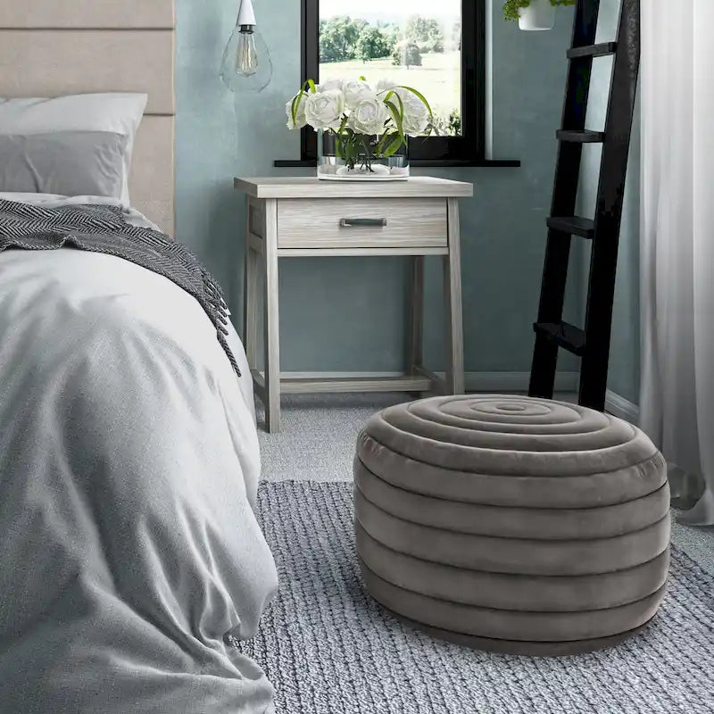 Puf otomano redondo de terciopelo — Terciopelo turquesa/gris/azul, 1 asiento