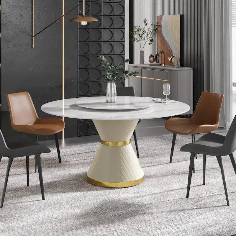 Mesa de comedor redonda de mármol blanco/negro - Para 4-6 personas