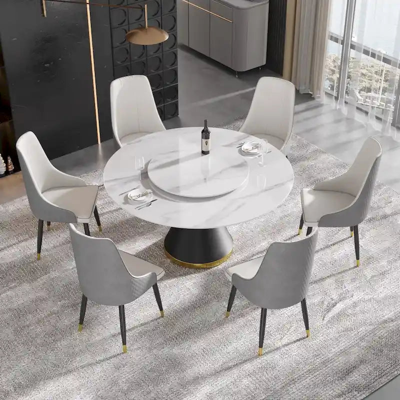 Mesa de comedor redonda de mármol blanco/negro - Para 4-6 personas