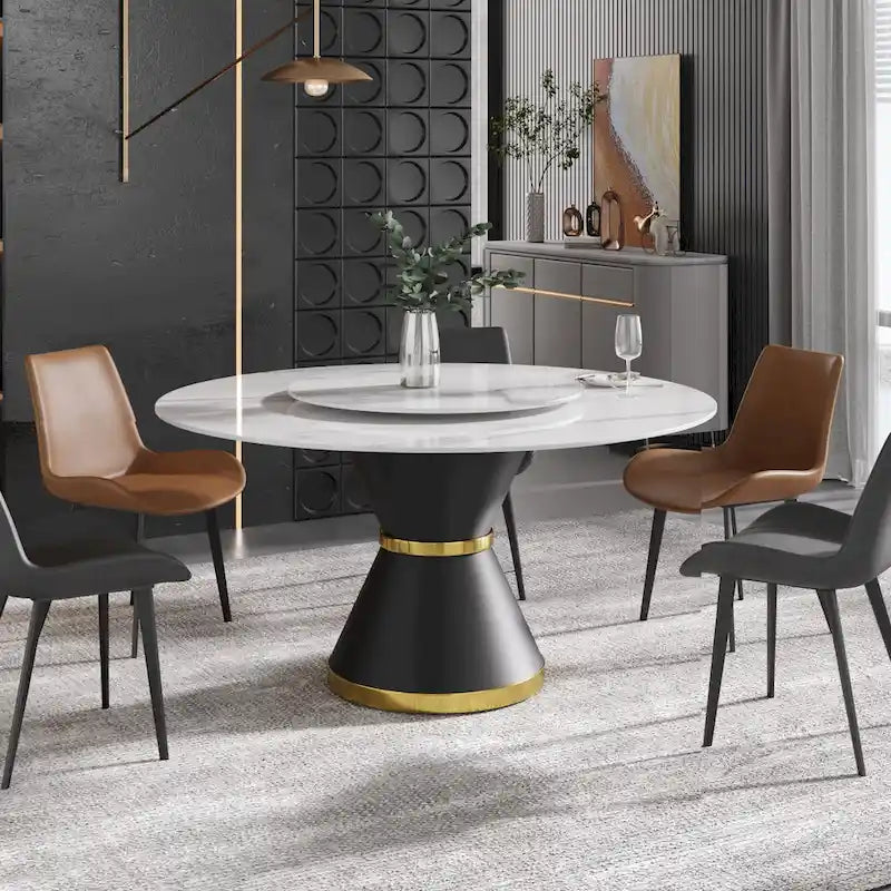 Mesa de comedor redonda de mármol blanco/negro - Para 4-6 personas