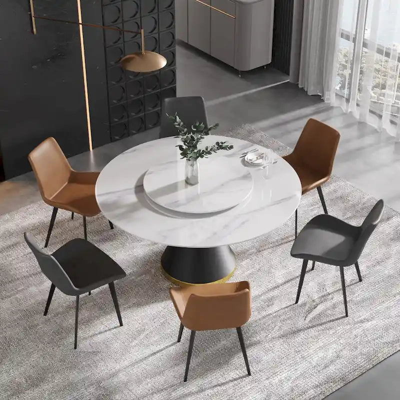 Mesa de comedor redonda de mármol blanco/negro - Para 4-6 personas