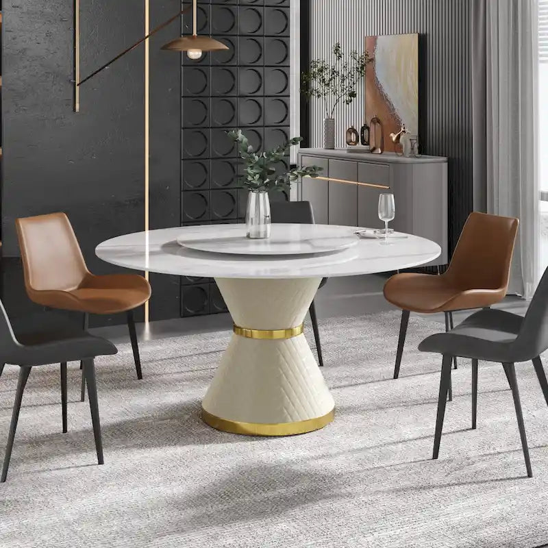 Mesa de comedor redonda de mármol blanco/negro - Para 4-6 personas