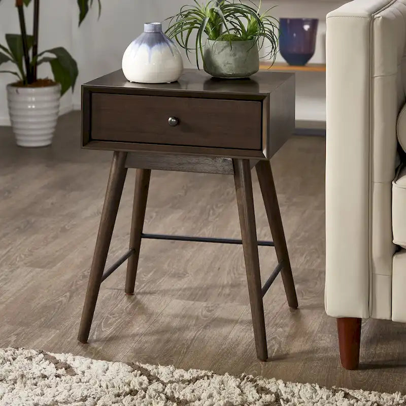Mesa auxiliar de mediados de siglo con 1 cajón, color nogal oscuro/marrón