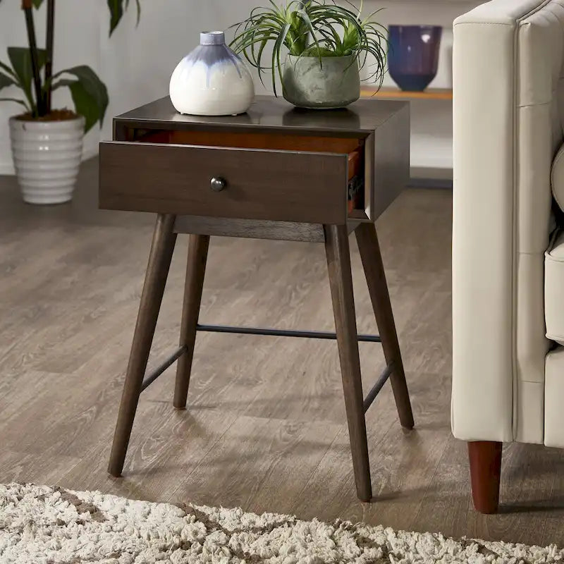 Mesa auxiliar de mediados de siglo con 1 cajón, color nogal oscuro/marrón