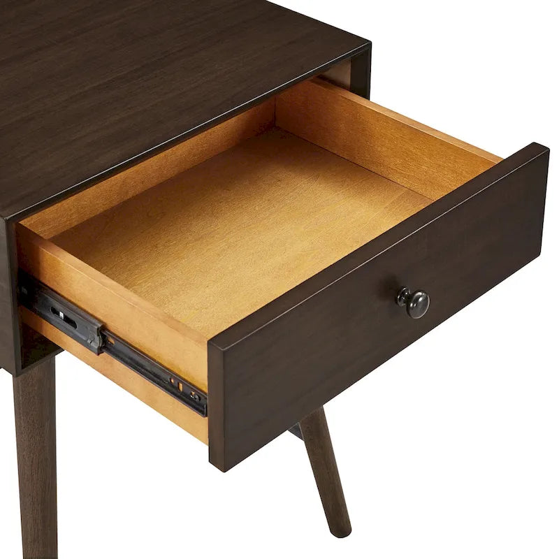 Mesa auxiliar de mediados de siglo con 1 cajón, color nogal oscuro/marrón
