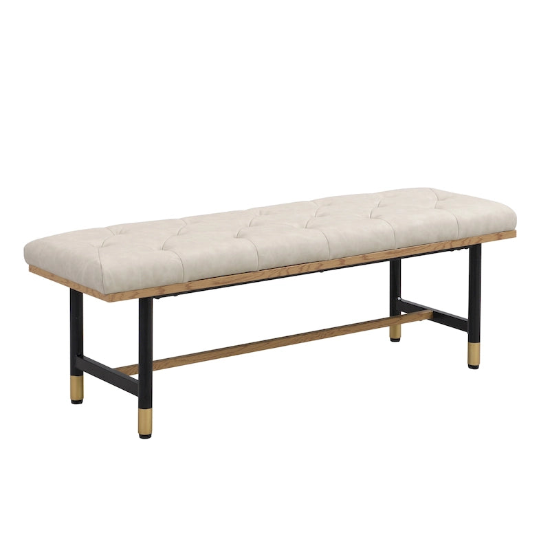 Banco tapizado con botones de piel sintética gris / marrón / beige y patas de metal dorado – 2 asientos