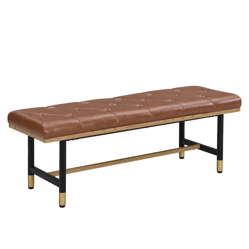 Banco tapizado con botones de piel sintética gris / marrón / beige y patas de metal dorado – 2 asientos
