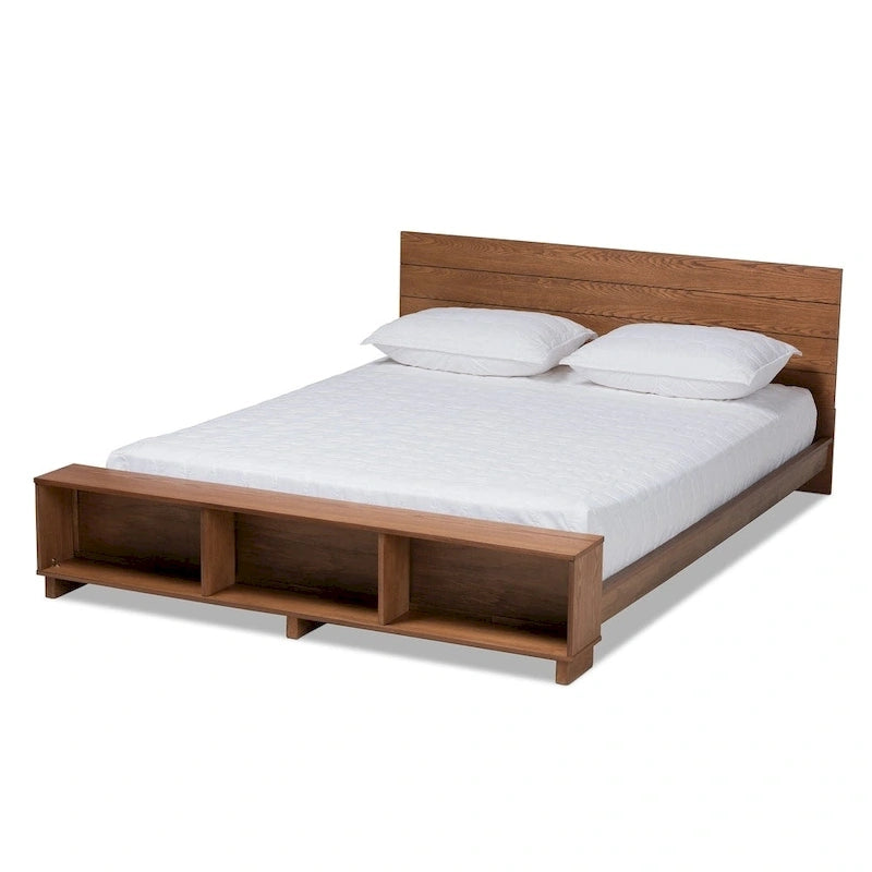 Cama tipo plataforma rústica de nogal ceniza con estribo tipo estantería – 1 persona/pareja