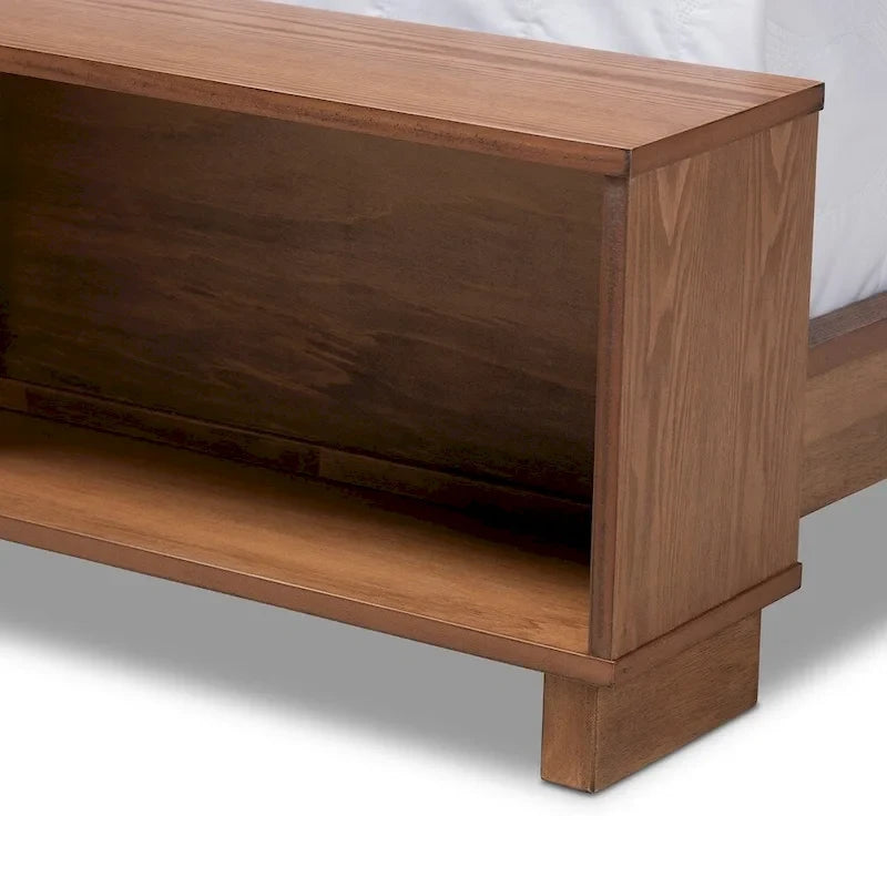 Cama tipo plataforma rústica de nogal ceniza con estribo tipo estantería – 1 persona/pareja
