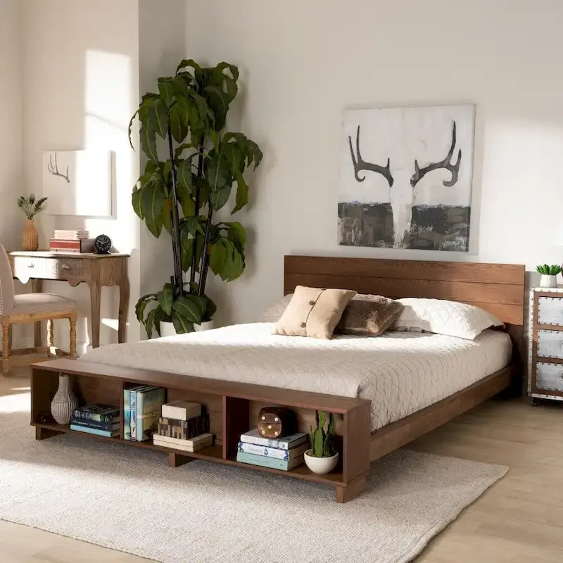 Cama tipo plataforma rústica de nogal ceniza con estribo tipo estantería – 1 persona/pareja