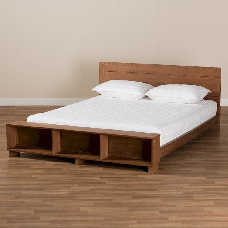 Cama tipo plataforma rústica de nogal ceniza con estribo tipo estantería – 1 persona/pareja