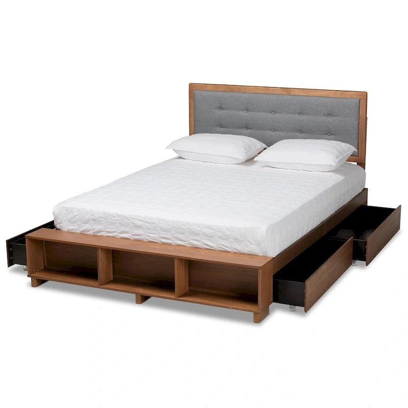 Cama de plataforma con almacenaje en gris oscuro y nogal ceniza con 4 cajones – Full/Queen/King
