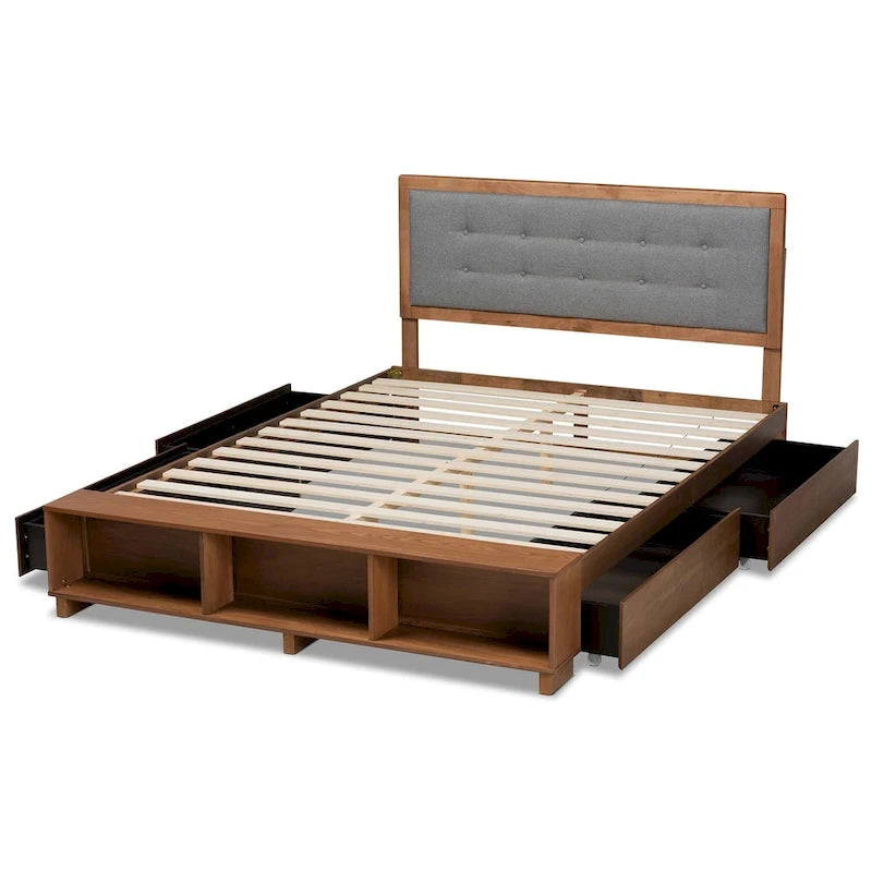 Cama de plataforma con almacenaje en gris oscuro y nogal ceniza con 4 cajones – Full/Queen/King